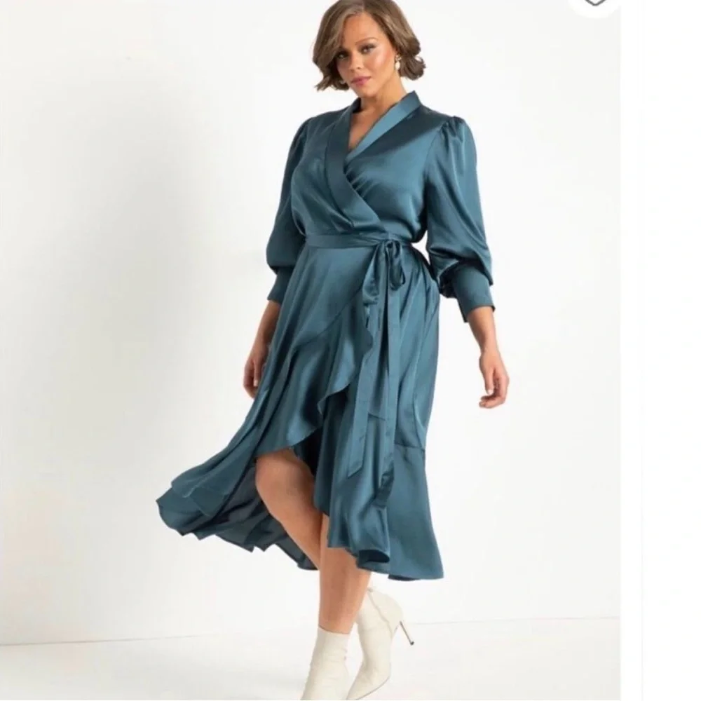 Eloquii Teal Long Sleeve Wrap Dress with pearl buttons - Picture 2 of 10